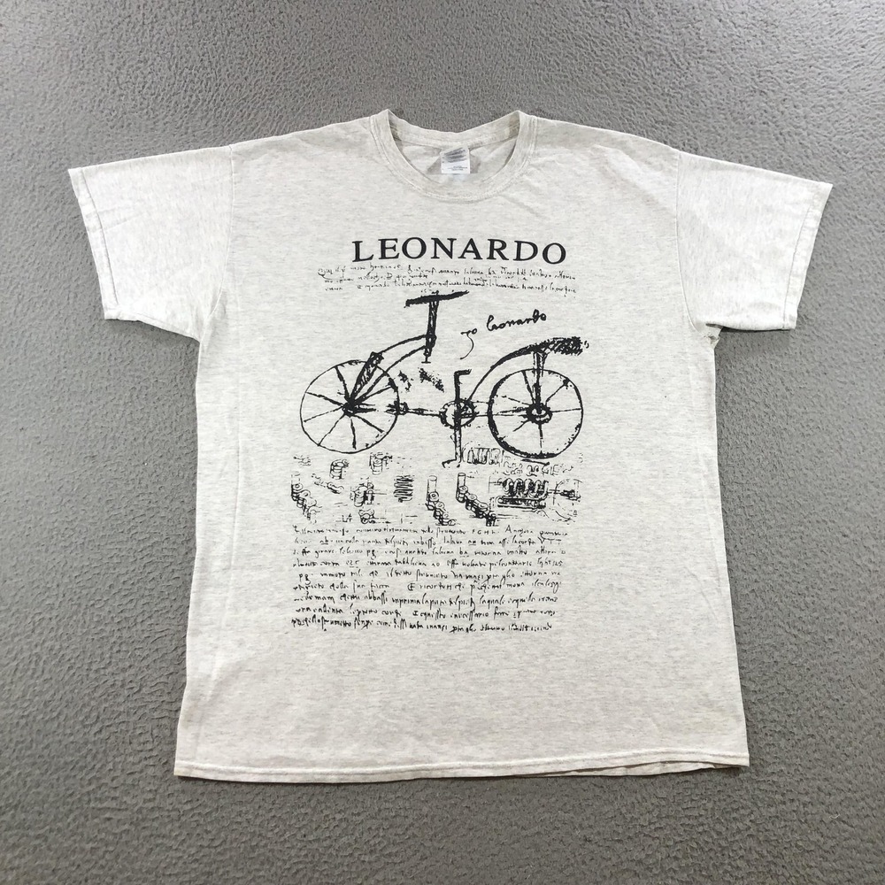 Leonardo da Vinci Shirt Mens Large Gray Bicycle Sketch Graphic Tee Gildan Art
